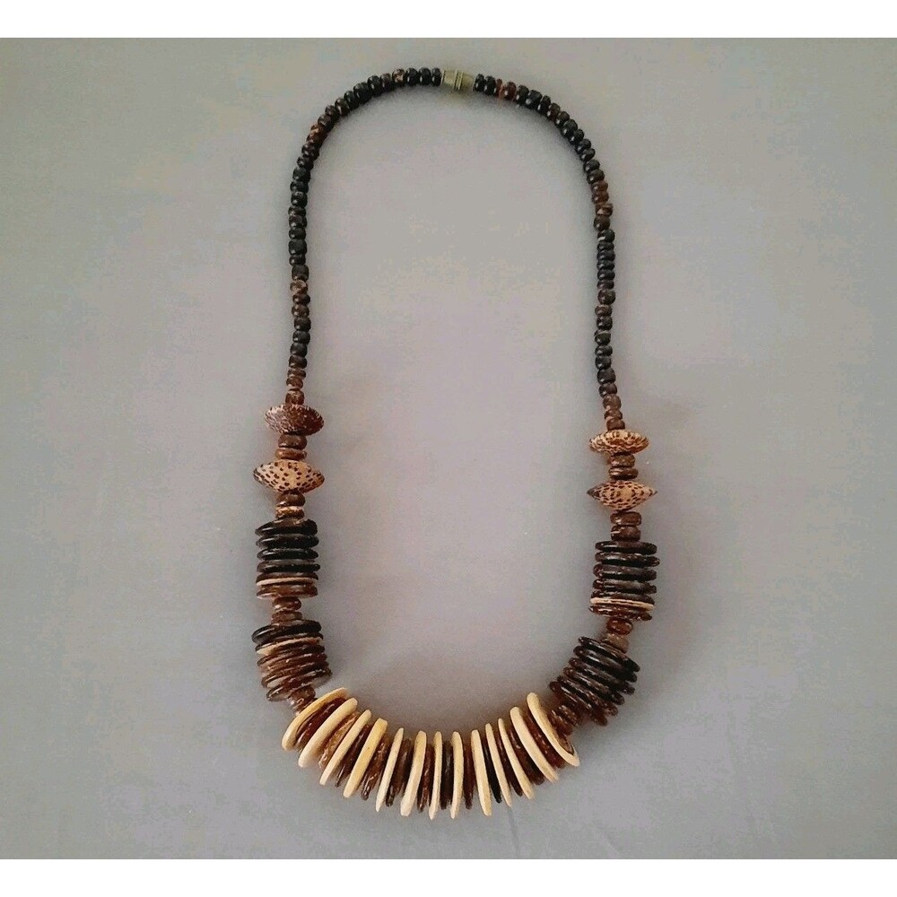 Vintage-Style Boho Aesthetic Wooden Disc Beaded Necklace Mixed Brown Cream Tan